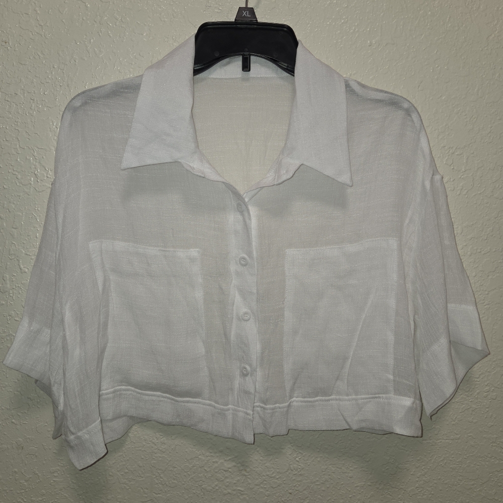 White Crop Button Down Top